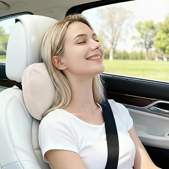 2PCS Car Pillow for Car Neck Pillow for Driving Seat Leather Neck Support Soft Cushion Back Support Head-Rests for Vehicle Sleeping with Elastic Adjustment Strap (Beige, Head)