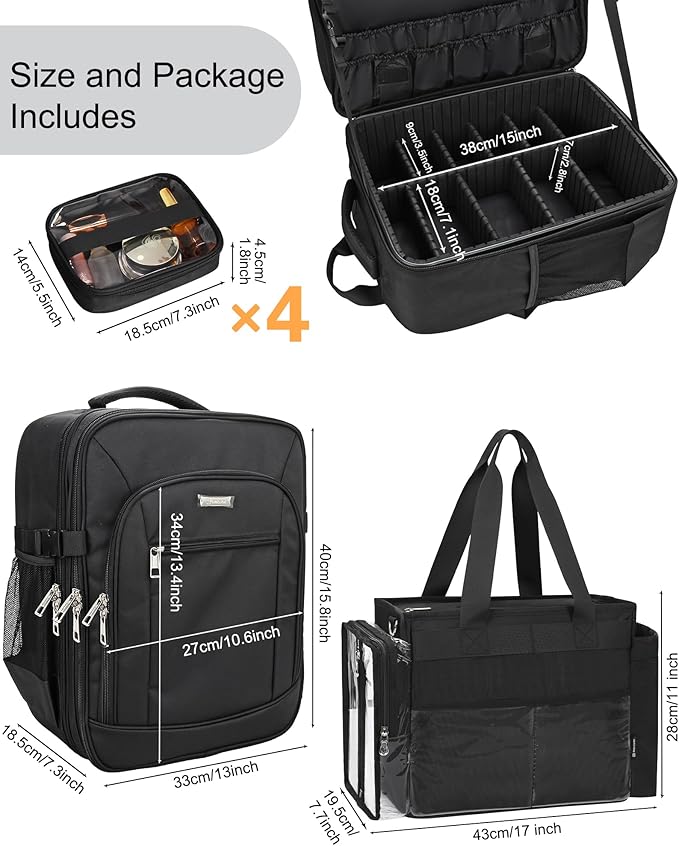 TANTO Makeup Backpack, Makeup Artist Bag Professional Cosmetic Bag with 4 Bag & Tote Bag Double-Layer Make up Storage Organizer Cosmetic Case with Adjustable Divider(Black+XX Large)