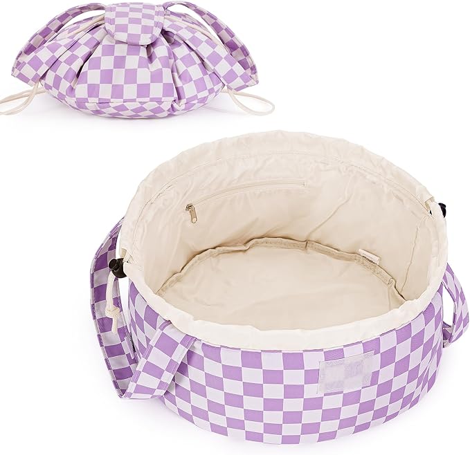 Narwey Barrel Drawstring Checkered Makeup Bag Large Cosmetic Bag Make up Bags Toiletry Bag Travel Bags for Toiletries Organizer for Women Gift for Teen Girls (Purple Checkerboard) (Patent)