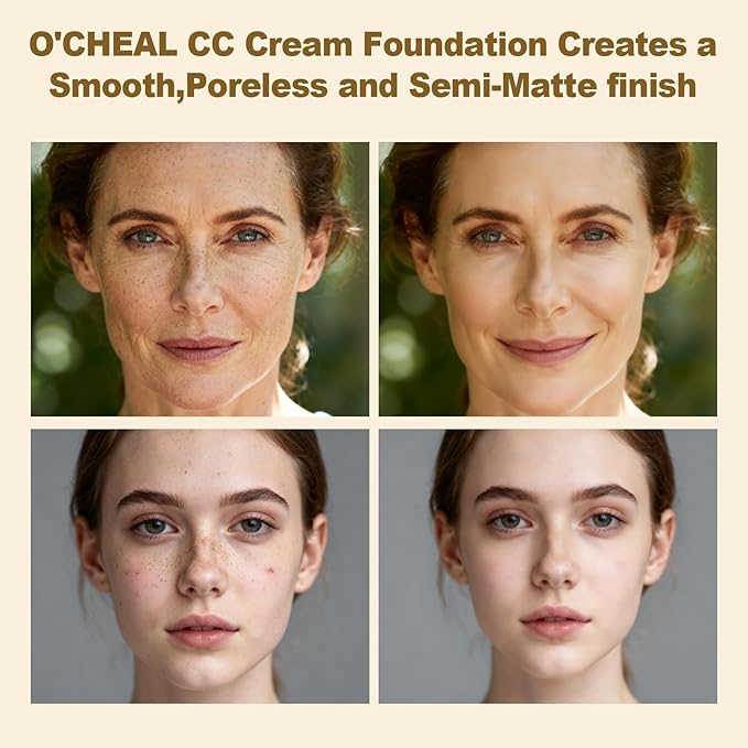 O'CHEAL CC Foundation with SPF 50+, Full Coverage Moisturizer Color Correcting Cream Concealer Powder Foundation, Lightweight Waterproof Oil-Free Pre-makeup Primer for All Skin Types (Nature)