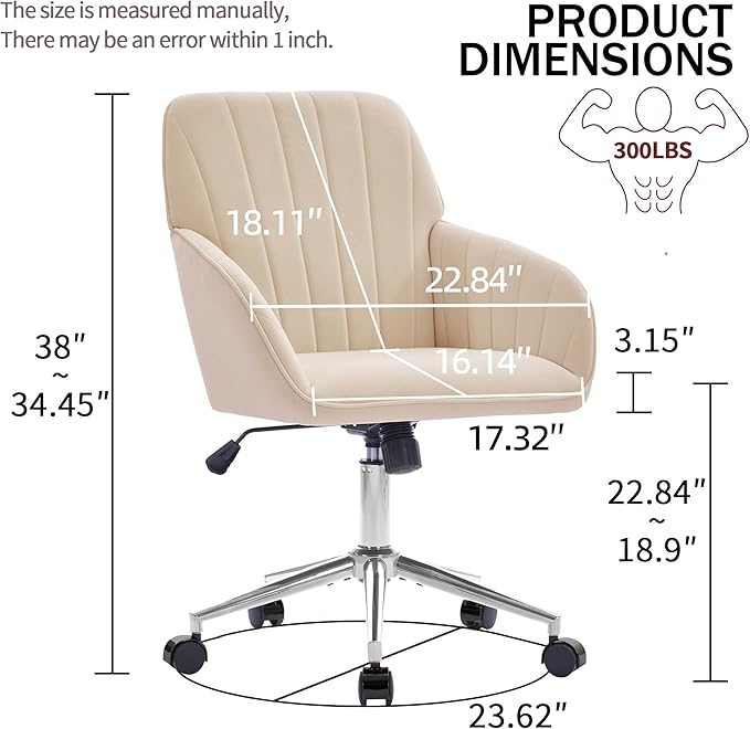 Velvet Home Office Desk Chair, Modern Cute Computer Task Chair with Back, Height Adjustable Upholstered Vanity Chair with Swivel Wheels for Women, Girls (Silver Base, Oatmeal