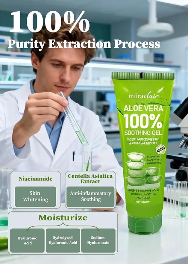 MIRACLAlR Aloe Vera Gel | 100% Pure Aloe Gel for Face, Body & Sunburn Relief, Aloe Vera for Burns - Durable Moisturizing Hydrating Soothing, Squeeze-on Mask, Made in Korea, Travel Size, 8.79 oz