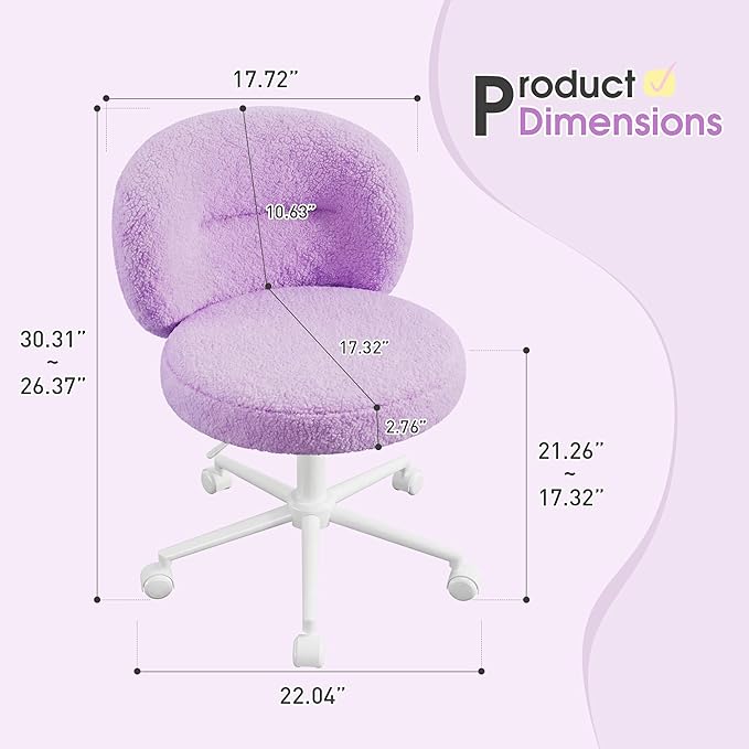 Small Round Vanity Chair, Armless Home Office Desk Chairs with Back, Height Adjustable & 360° Swivel, Cute Comfy Vanity Computer Chair for Bedroom, Home Office, Purple