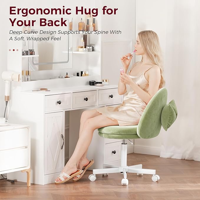 GTPLAYER Velvet Tall Office Chair with Wheels Vanity Chairs with Back, Versatile Height Use: Office to Bar Stools Small Ergonomic Comfy Armlees Computer Desk Chair with Bow Lumbar Pillow for Gift