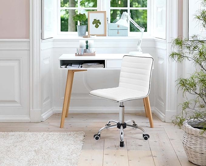 Furmax Vanity Office Desk Chair with Wheels, Armless Small Cute Leather Makeup Computer Task Chair Adjustable Height 360° Swivel (White)
