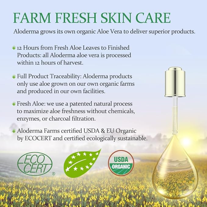 Aloderma 99% Organic Aloe Vera Gel Made within 12 Hours of Harvest - Lightweight, Non-Sticky Aloe Gel for Face Body, Hair, & Scalp, After Sun Relief, Natural, Soothing Hydrating Aloe Gel, 10.6oz