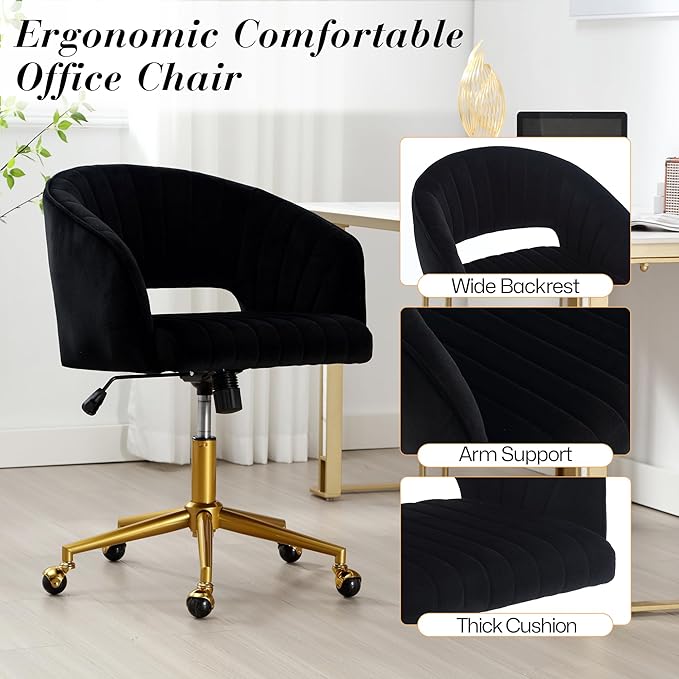 Home Office Swivel Desk Chair, Modern Velvet Vanity Chair, Height Adjustable Armchair with Gold Base, Ergonomic Office Chair for Task Study Computer Room, Black
