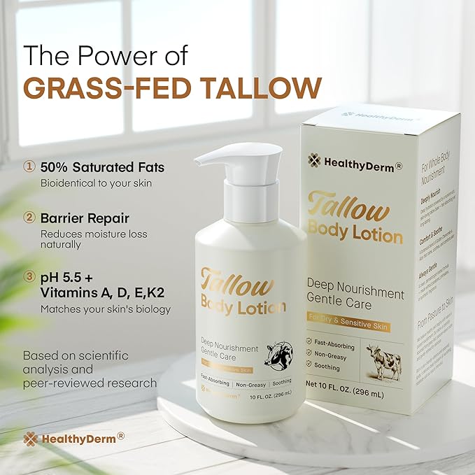 Beef Tallow Body Lotion for Skin: Grass-Fed Daily Moisturizing Cream for Dry, Mature & Crepey Skin, Fast-Absorbing, Non-Greasy, Fragrance-Free Moisturizer with Aloe & Shea Butter, 10 fl oz