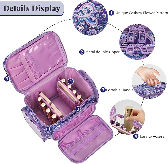 Large Makeup Bag, Portable Travel Makeup Bag Organizer for Women Girls with Makeup Brush Compartment & Two Side Pockets, Cosmetic Travel Bag Vertical Storage Toiletry - Purple