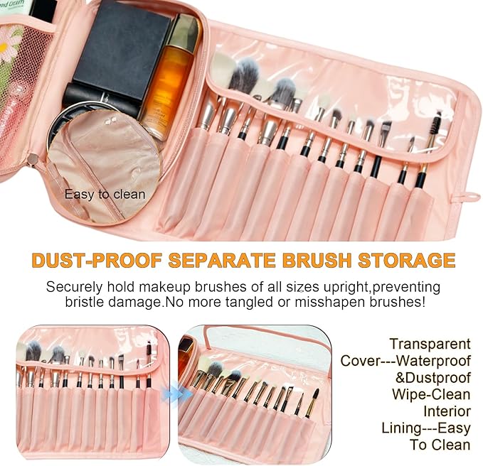 Portable Folding Makeup Brush Bag,Travel Toiletry Bag with Dividers & Independent Partition for Brushes & Skincare, Toothbrush Holder,Rolling & Open Flat cosmetic Organizer,Waterproof &Hanging (Pink)