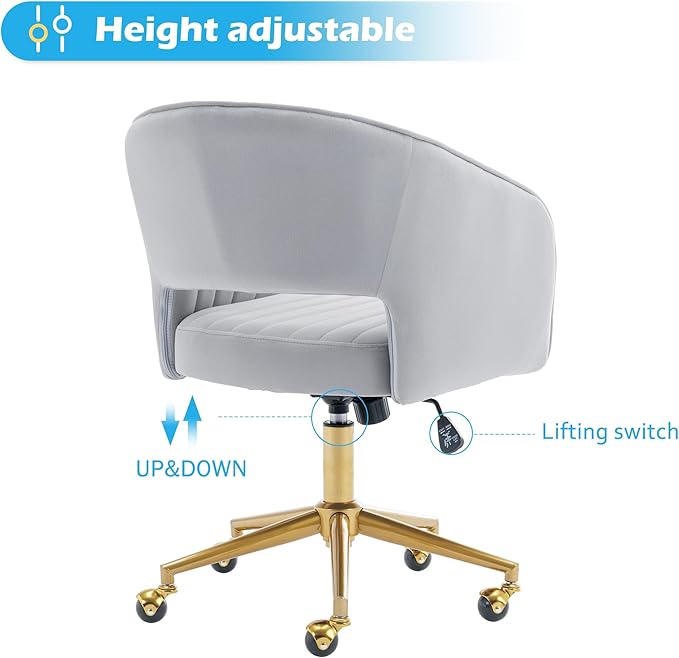 Home Office Chair Swivel Velvet Desk Chair Accent Armchair Upholstered Modern Tufted Chairs with Gold Base for Girls Women Ergonomic Study Seat Computer Task Stools for Living Room(Light Gray)