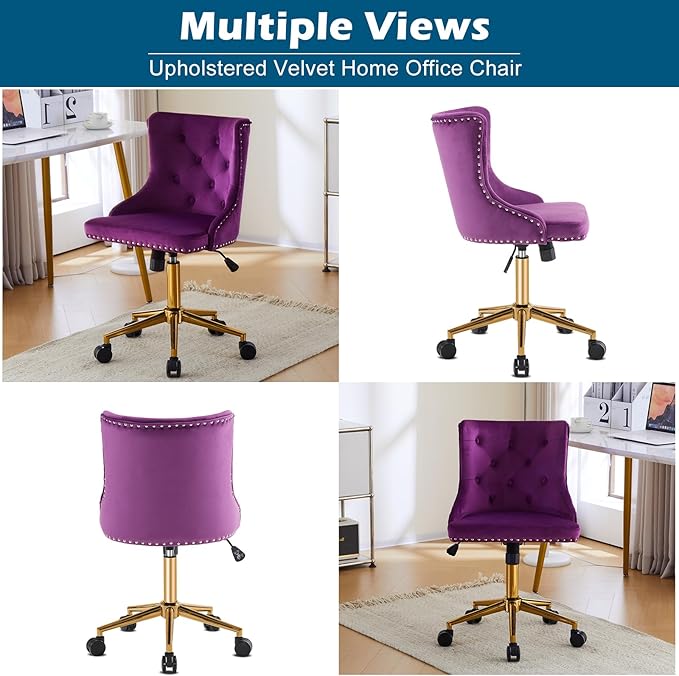 VINGLI Dark Purple Armless Home Office Desk Chair with Gold Base/Wheels, Small Cute Vanity/Makeup Chair with Back for Bedroom, Upholstered Adjustable Rolling Swivel Nail Chair for Women/Girls