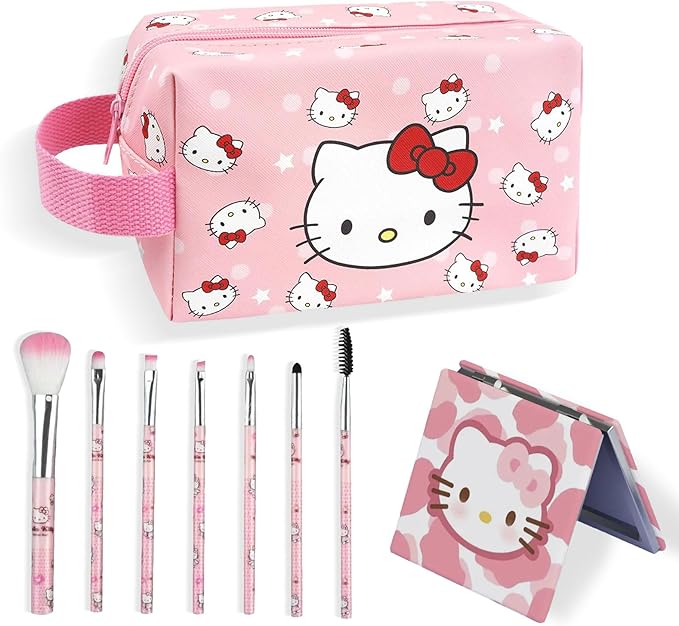 Cute Makeup Bag Set, 1 Makeup Bag and 7 Makeup Brush and 1 Compact Mirror, PU Leather Travel Cosmetic Bag, Gifts for Women Girls, pink0202