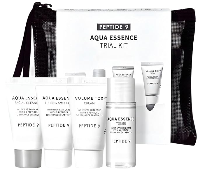 Peptide 9 Aqua Essence Trial Kit: Peptide 9 Aqua Essence Facial Cleanser 0.51 fl oz/Aqua Essence Toner 0.68 fl oz/ Aqua Essence Lifting Ampoule 0.51 floz/Peptide 9 Volume Tox Cream PRO 0.53oz