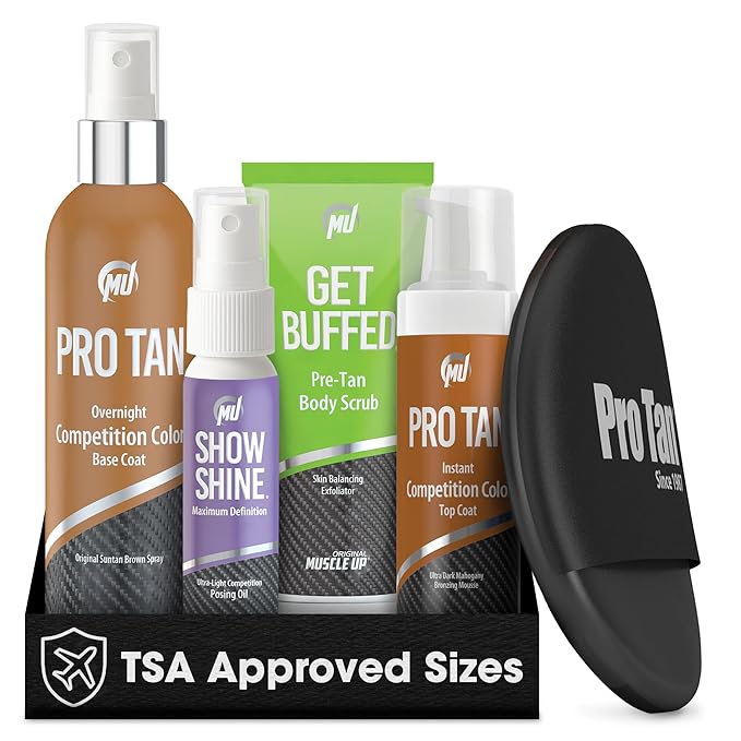 Pro Tan Competition Tanning Kit - Self Tanner Set with Pre-Tan Skin Balancing Exfoliator, Overnight Competition Color Base Coat, Instant Top Coat Mousse, Ultra-Light Posing Oil & Applicator Mitt