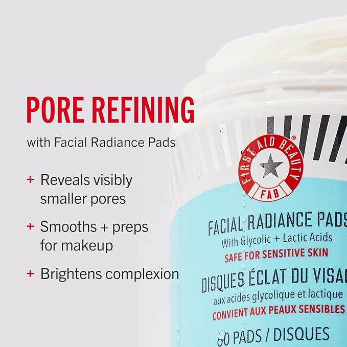 First Aid Beauty - Facial Radiance Pads with Glycolic & Lactic Acids, Daily Exfoliating Pads with AHA, Visibly Smaller Pores, Help Tone & Brighten Skin, One-Step Makeup Prep, Compostable, 28, 3ct