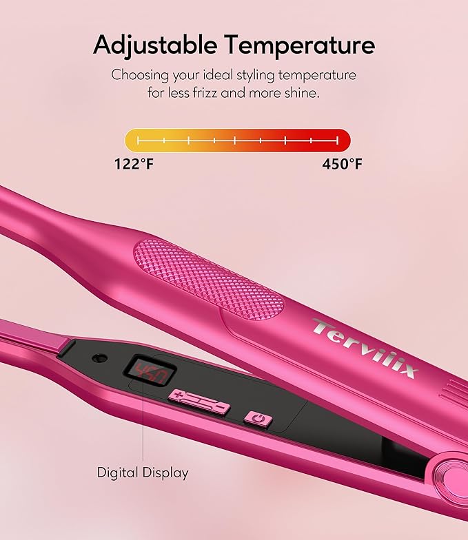 Terviiix Mini Flat Iron and Hair Straightener for Short Hair, Edges, and Pixie Cut - 3/10 Inch Skinny Pencil Straightener for Black Women's Baby Hair, LCD Digital Display, Dual Voltage, Pink