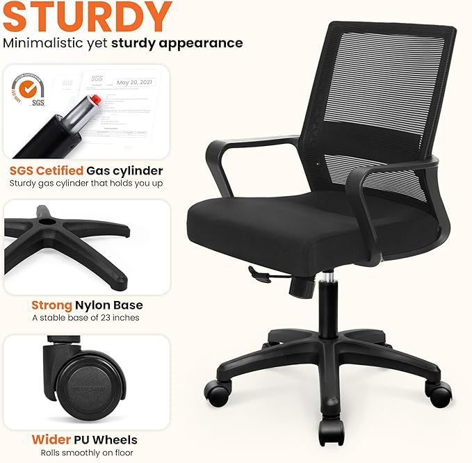 NEO Chair Office Chair Gaming Desk Computer Chair Ergonomic Mesh Mid Back with Wheels Lumbar Support Comfy Swivel Adjustable for Home (Black)