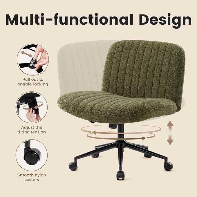 IWMH Criss Cross Chair Cross Legged Office Chair with Wheels Armless Wide Seat Desk Chairs Height Adjustable Computer Task Chairs Swivel Vanity Chair for Home Office Bedroom Make Up Small Space Green