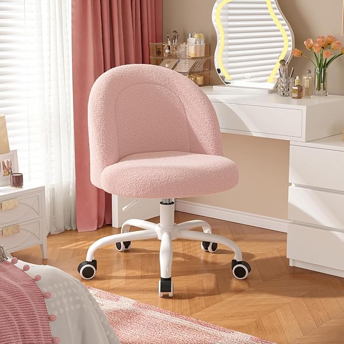 Vanity Chair with Wheels, Cute Desk Chair with Back, Armless Office Chair Height Adjustable, Soft Lumbar Support for Small Space, Bedroom, Gentle Pink