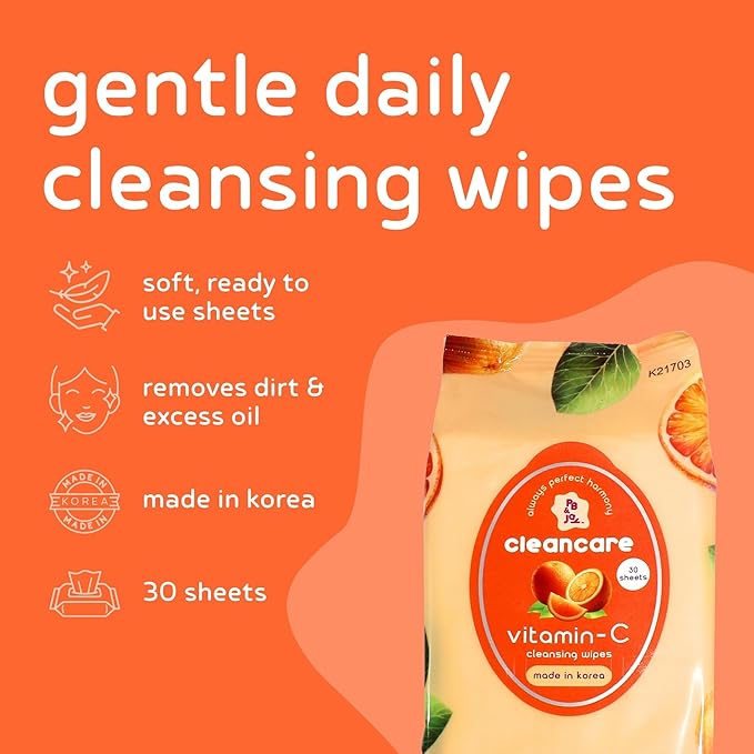 PB & JAY Cleancare Cleansing Wipes – 30 Count – Makeup Remover for Revitalized, Even-Looking Skin – Hydrating Korean Face Wipes for Sensitive Skin (Vitamin C)
