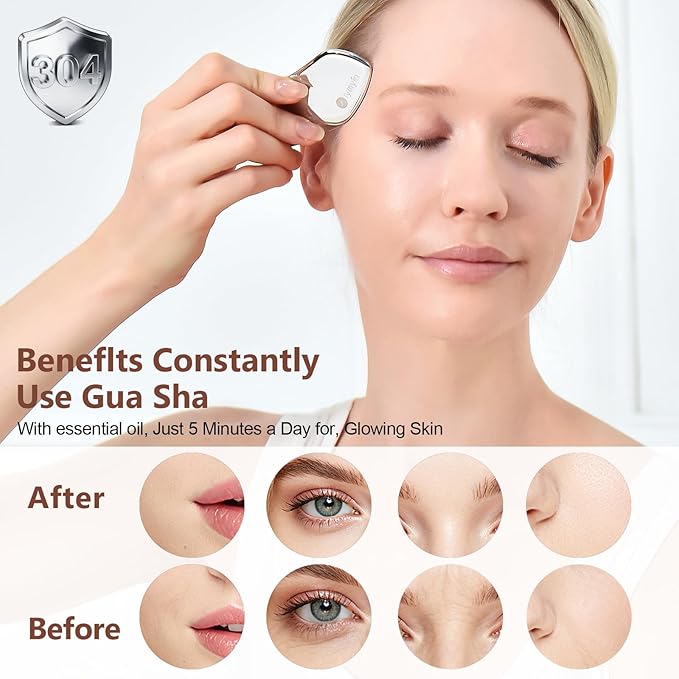 2 Pcs Stainless Steel Gua Sha Facial Tools Set, Face and Body Skin Massage, Scraping Tools for Jaw Lift Massager, Puffiness Reduction, Lymphatic Drainage & Skin Tightening, Great Gift-for Women