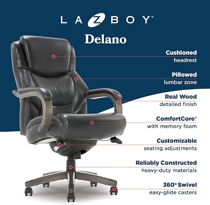 La-Z-Boy Delano Big and Tall Executive Office Chair - Ergonomic Lumbar Support Memory Foam - Bonded Leather Desk Chair for Home Office - Weathered Grey Wood Arms - Black