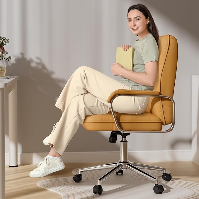 Brown Leather Office Desk Chair, Swivel Computer Home Office Desk Chair with Wheels and Padded Arms, Adjustable Height and Tilt