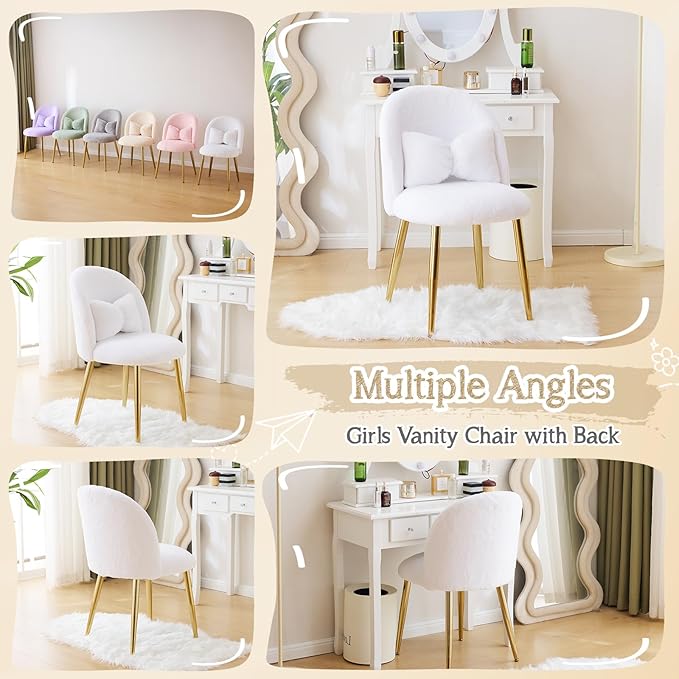 VINGLI Fluffy Girls Vanity Chair with Back & Pillow,Cute Small Cozy Desk Chair No Wheels,Comfy Makeup Ch with Ajustable Gold Legs,for Bedroom,Living Room,Small Space,White