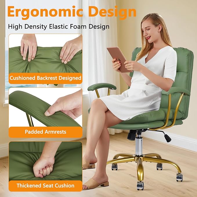Leather Home Office Desk Chair, Mid-Back Vanity Chair Make Up Chair with Gold Wheels and Armrests, Rolling Swivel Computer Task Chair for Office Bedroom Living Room Girls Women, Green, 2 Pack