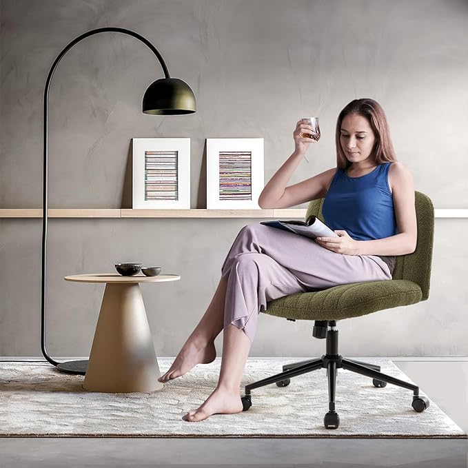 IWMH Criss Cross Chair Cross Legged Office Chair with Wheels Armless Wide Seat Desk Chairs Height Adjustable Computer Task Chairs Swivel Vanity Chair for Home Office Bedroom Make Up Small Space Green
