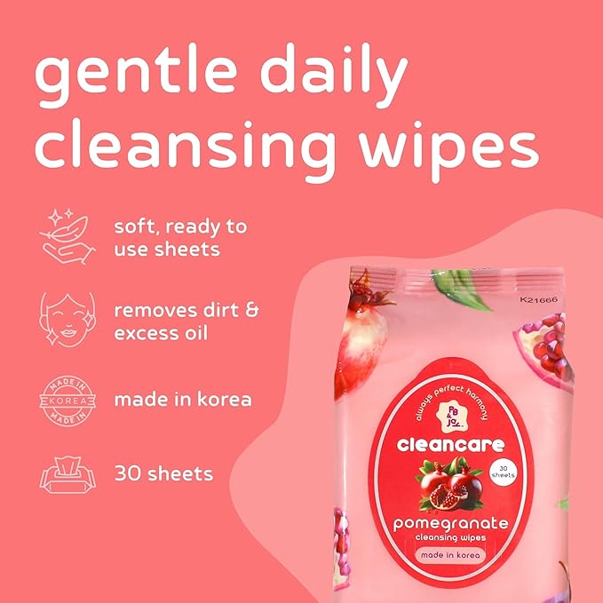 PB & JAY Cleancare Cleansing Wipes – 30 Count – Makeup Remover for Revitalized, Smooth Skin – Hydrating Korean Face Wipes for Sensitive Skin (Pomegranate)