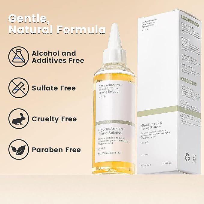 7% Glycolic Acid Exfoliating Toner, Gentle Exfoliating Toner, Smooth Skin, Restores Skin Vitality and Refreshing, Hydrating Formula, Pore Minimizer- 100ml/ 3.38 fl.oz.