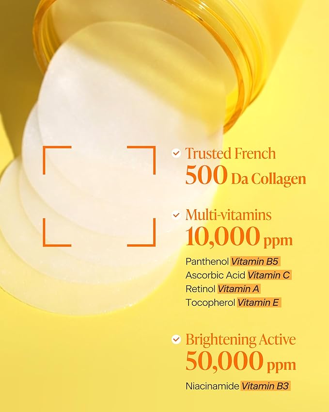 Vita Collagen Glow Pad - Korean Toner Pads with 500Da Collagen 79% + 50,000ppm Niacinamide & 5 Peptides, Retinol & Vitamin C, Swipe or Mini Mask, 80 Pads