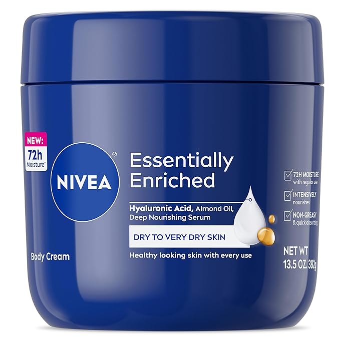 NIVEA Essentially Enriched Body Cream for Dry to Very Dry Skin with Hyaluronic Acid, Deep Nourishing Serum and Almond Oil, 72-Hour Body Moisturizer, 13.5 Oz Jar