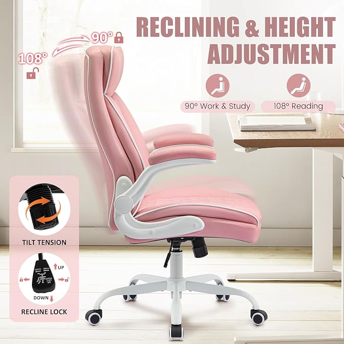 Leather Office Chair, Computer Desk Chair with Lumbar Support,Height Adjustment, Comfortable Excutive Task Chairs 400lbs with Padded Flip-up Armrests, Pink
