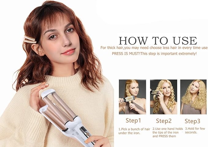 Ceramic Hair Crimper Iron Hair Waver 3 Barrel 0.6 inch / 16mm Perm Instant Curls Crimping Hair Curling Iron Valentines Day Gifts for Women Professional Crimping Iron (Gold & White)