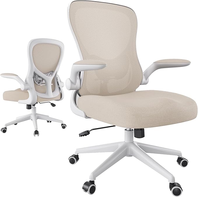 Hbada Office Chair Ergonomic Desk Chair, Office Desk Chairs with PU Silent Wheels, Breathable Mesh Computer Chair with Adjustable Lumbar Support, Flip-up Armrests, Tilt Function, Grey