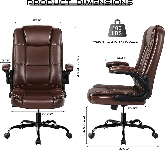 VITESSE Ergonomic Office Chair with Flip-up Armrests, Big and Tall Leather Executive Office Chair, High Back Lumbar Support Home Computer Desk Chair, Heavy and Duty Computer Chair (Brown)