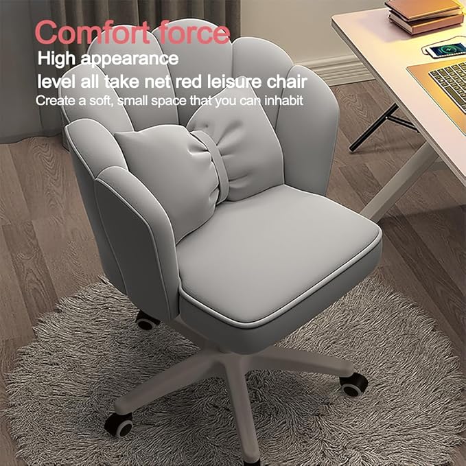 Petal Desk Chair with Bow Cushion Velvet Vanity Chair with Wheels, Upholstered Home Office Chair for Girls Women, Mid-Back Swivel Computer Task Chairs for Living Room Bedroom