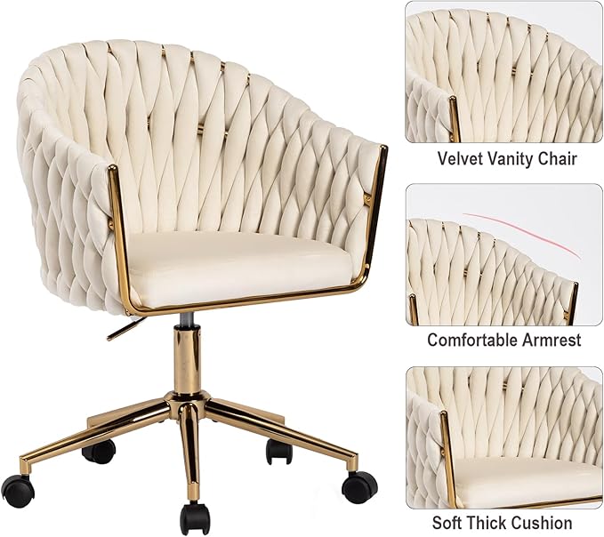 Velvet Office Chair with Hand Woven, Beige Vanity Desk Chairs with Golden Wheels, 360° Swivel Home Office Desk Chair Computer Chairs, Accent Chair Makeup Chair for Bedroom, Living Room(Beige)