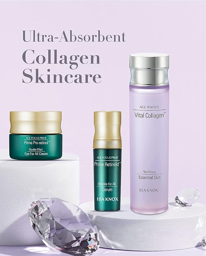 ISA KNOX Age Focus Vital Collagen Essential Toner by LG Beauty, Prime Wrinkle for All Serum & Prime Eye for All Cream (177 ml/5.99 fl oz) - Korean Skin Care by LG Beauty.