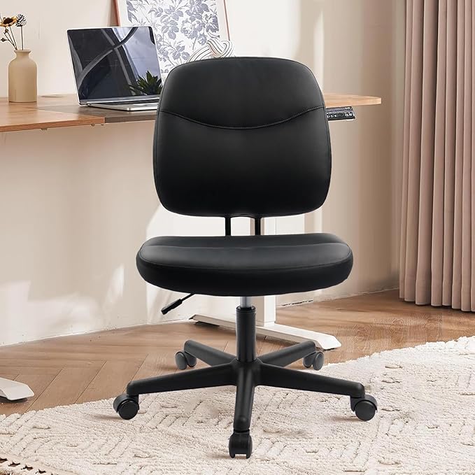 CLATINA Armless Home Office Chair,Small PU Leather Ergonomic Low Back Desk Chair with Lumbar Support and Wheels, Adjustable Height 360° Swivel Rolling Computer Task Chair, Black, 2 Pack