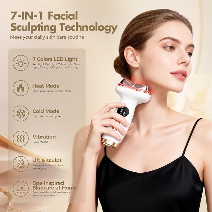 7-in-1 Cold Heated Facial Massager, Red Light Therapy for Face, Portable Microcurrent Facial Device, Cold Face Depuffer to Shaping and Reduce Swelling,Can Tightening Lifting Electric Gua Sha