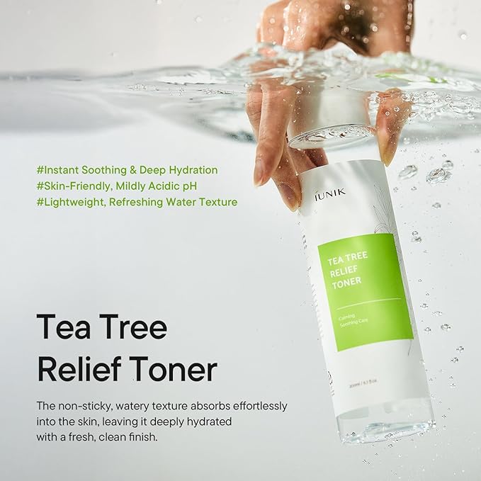 IUNIK Tea Tree Relief Vegan Face Toner - Facial Moisturizer Acne-Prone Irritated Skin w Tea Tree 67% Centella Asiatica 19.5% 6.7 Fl OZ Sensitive Skin Breakout Rosacea Blemish Plant-Based Ingredients