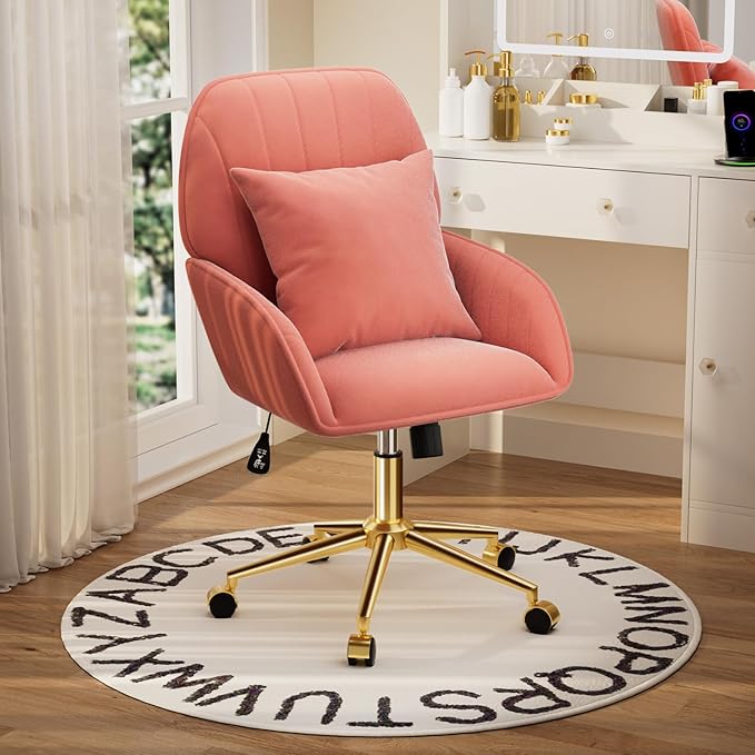 Home Office Desk Chair Comfy with Adjustable Swivel Wheels, Modern Velvet Makeup Vanity Chair with Back & Pillow, Ergonomic Office Chair Computer Task Chair for Living Room, Bedroom, Coral Red