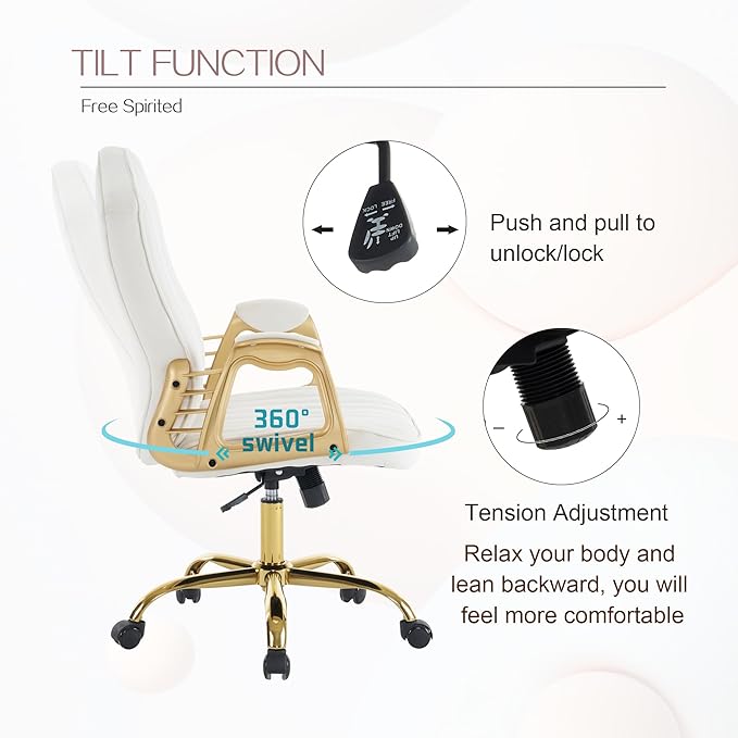 Velvet Home Office Chair with Gold Arms and Legs, Comfortable Upholstered Tufted Swivel Desk Chair Comfy with Wheels for Girls Women Study Bedroom Living Room,Cream