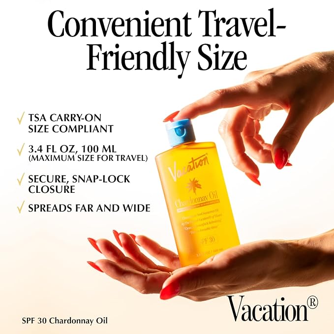 Vacation Chardonnay Oil SPF 30 & Air Freshener Bundle, Hydrating & Nourishing, Lightweight, Transparent on All Skin Tones, Water-Resistant, Travel Size Sunscreen, 3.4 Fl. Oz.