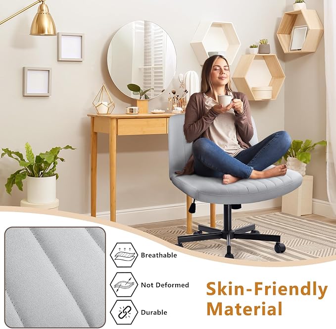 Criss Cross Chair with Wheels, Cross Legged Office Vanity Chair with Wheels, Comfortable Grey Vanity Chair with Back, Grey Fabric Armless Wide Swivel Criss Cross Desk Chair for Home Office