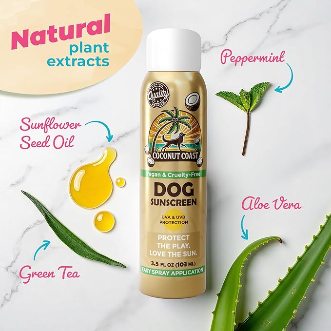 Coconut Coast Dog Sunscreen-SPF 30+ With Skin Moisturizing Vitamin E and Aloe Vera- No Zinc Oxide Safe for All Dogs- Dog Beach Accessories, Dog Camping Gear, Sunscreen for White Dogs